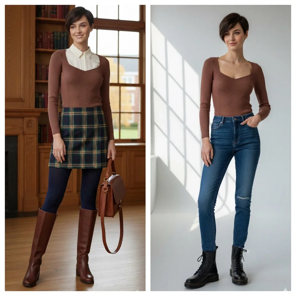Abercrombie Fitch LuxeLoft Top Women's Ribbed Sweetheart Neck Brown Sz S Preppy - Picture 6 of 16